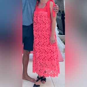 Crochet coral adjustable tie strap maxi dress